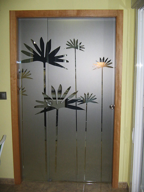 Стеклянная межкомнатная матовая дверь с рисунком из пленки