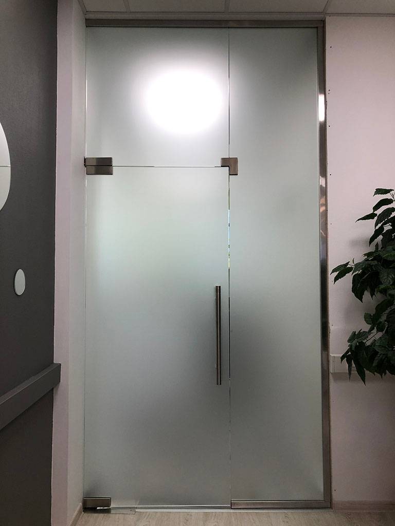 Матовая цельностеклянная дверь и перегородка в офисе