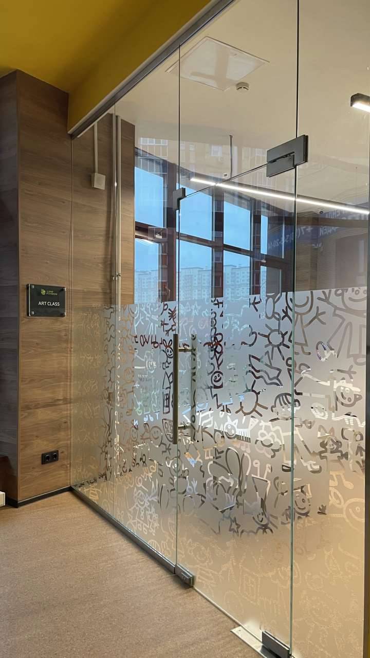 Двери и перегородки из прозрачного стекла с матовым рисунком