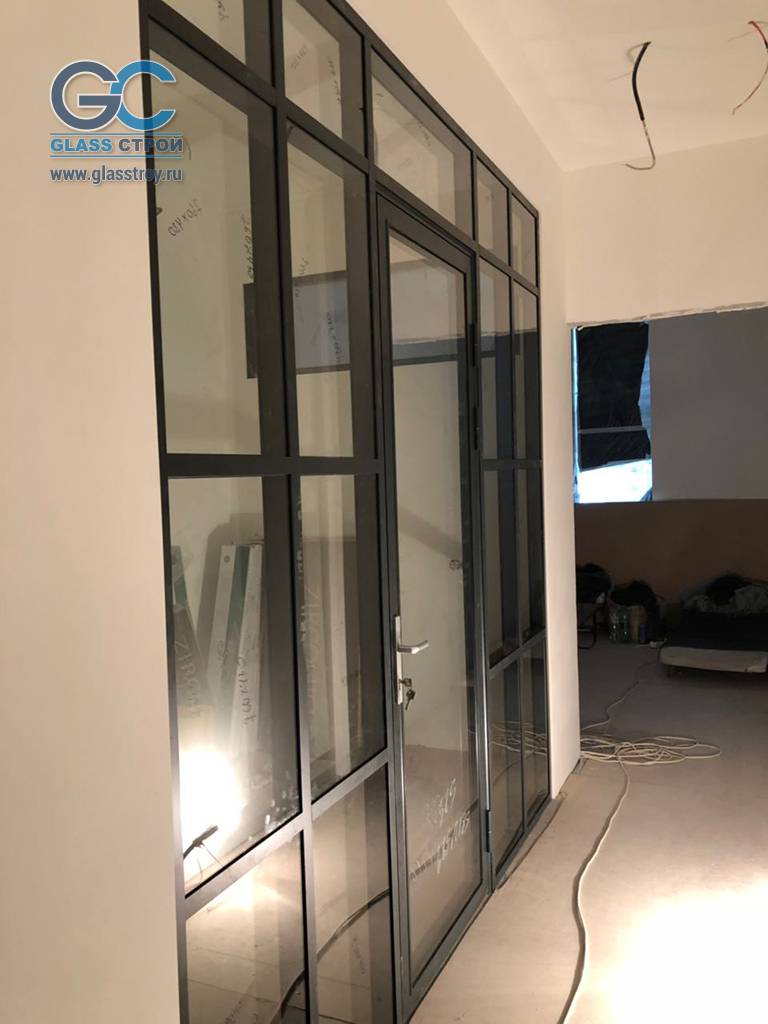 Каркасные двойные стеклянные перегородки и двери