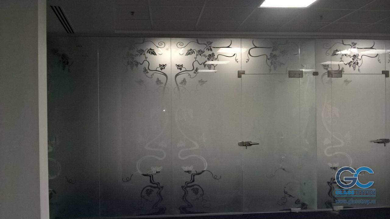 Цельностеклянные перегородки с пескоструйной обработкой