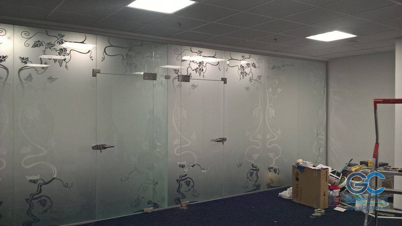 Рисунок в виде лозы на стеклянных перегородках