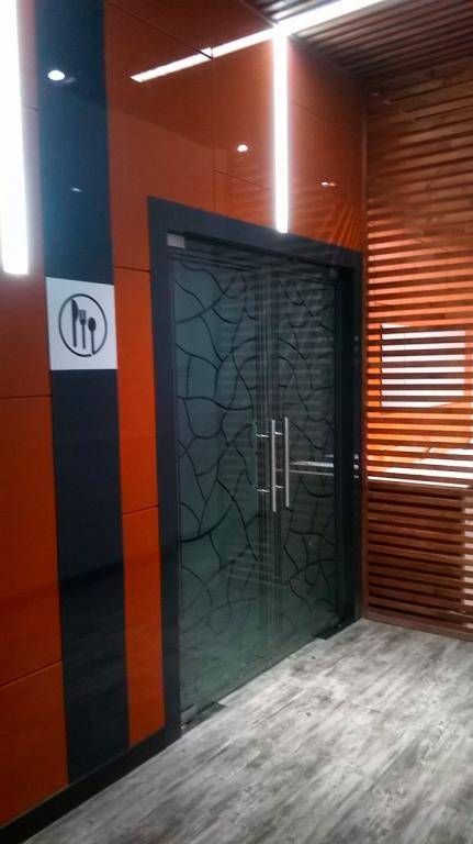 Двупольная маятниковая дверь из цельного стекла с пескоструйным рисунком