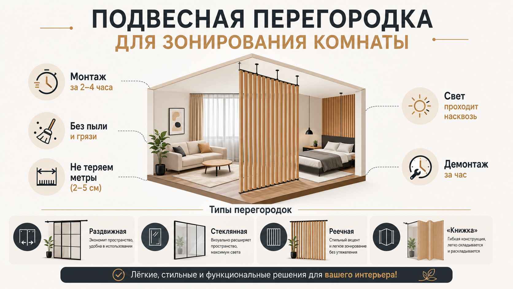 Подвесная перегородка для зонирования комнат