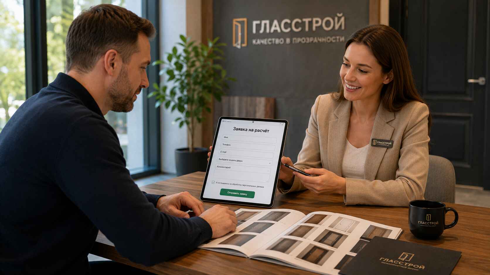 Менеджер и клиент за столом с каталогом дверей