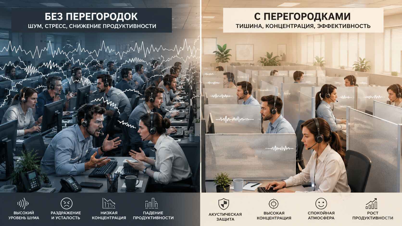 Перегородки в колл центр: задача акустического зонирования open space  — До и после