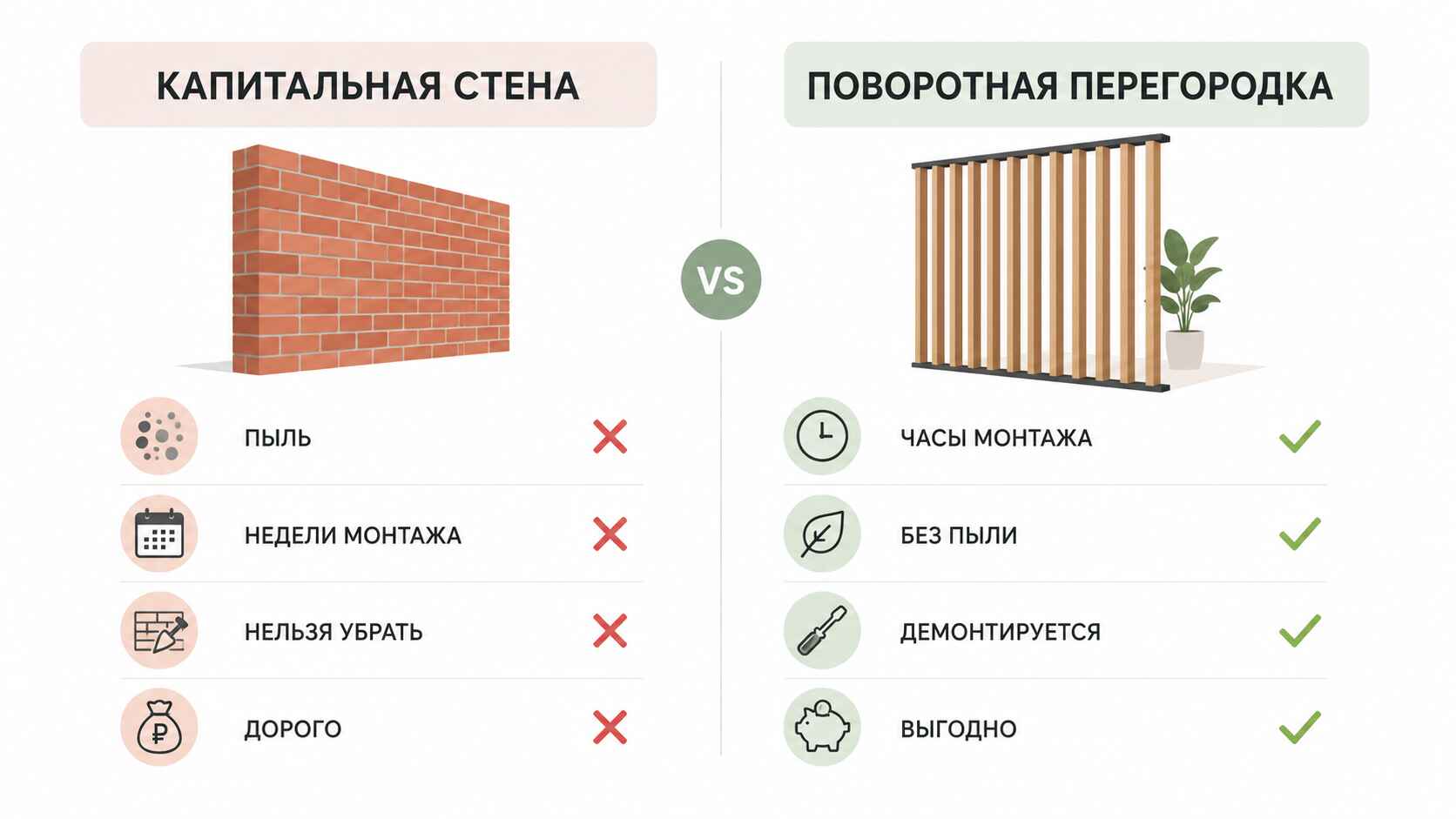 сравнение капитальной стены и поворотной перегородки