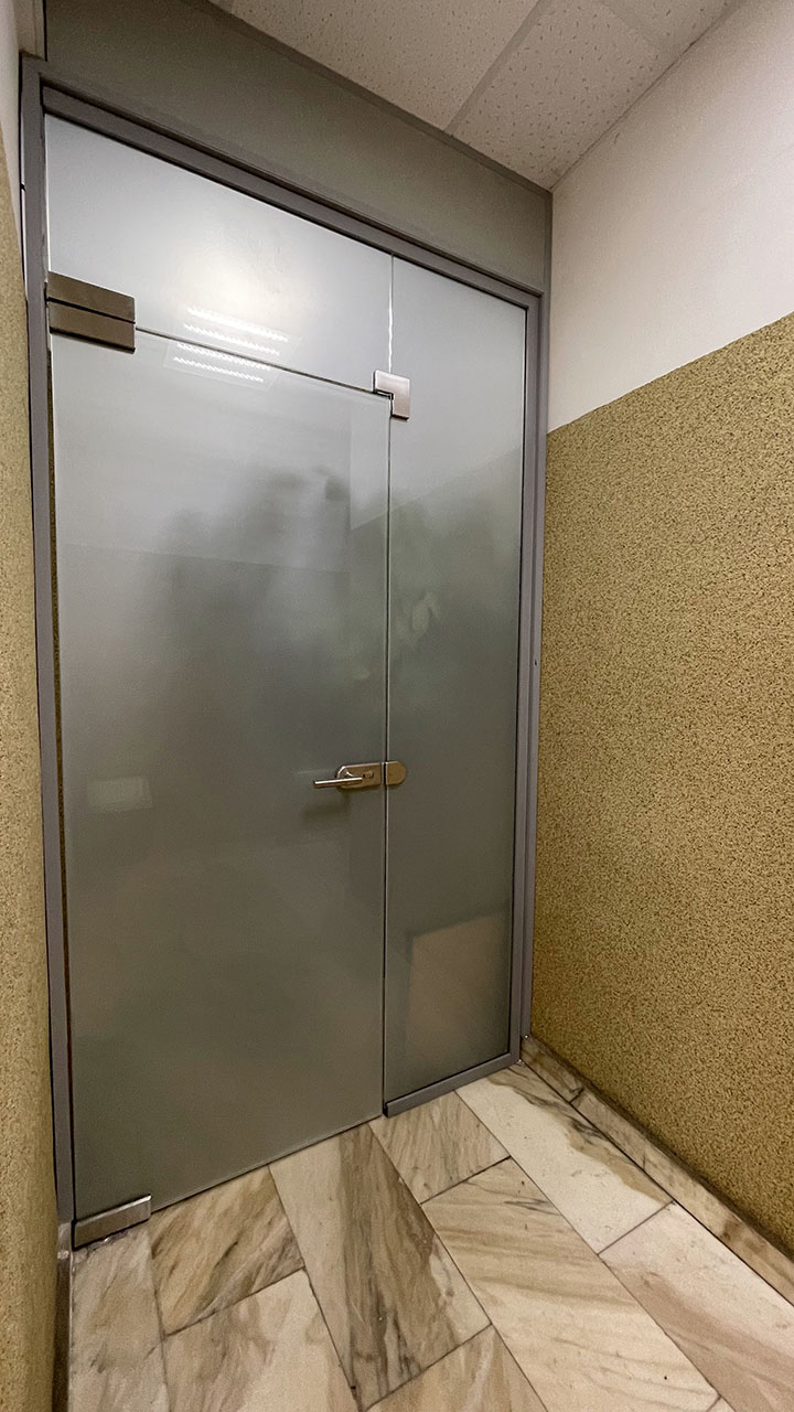 Матовая цельностеклянная дверь и перегородка с фрамугой