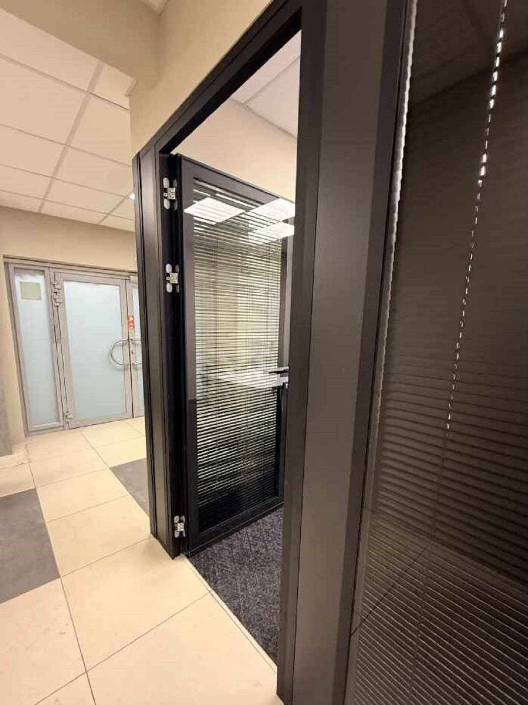 Каркасные стеклянные перегородки и распашные двери