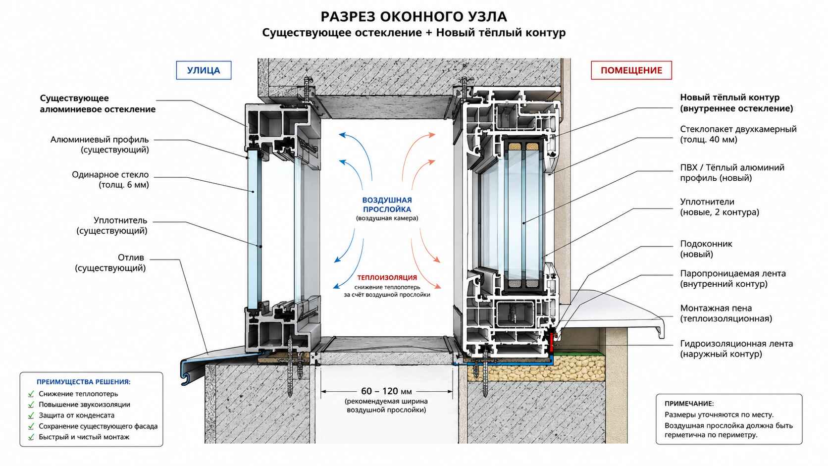 инженерный чертёж-разрез оконного узла
