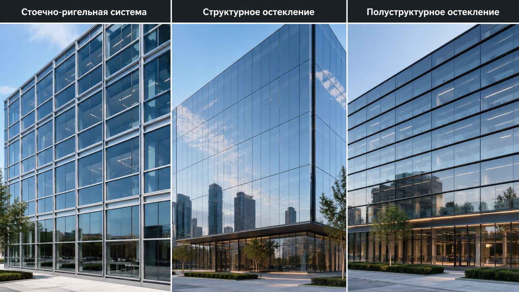 Внешний вид зданий с разным типом витражных конструкций