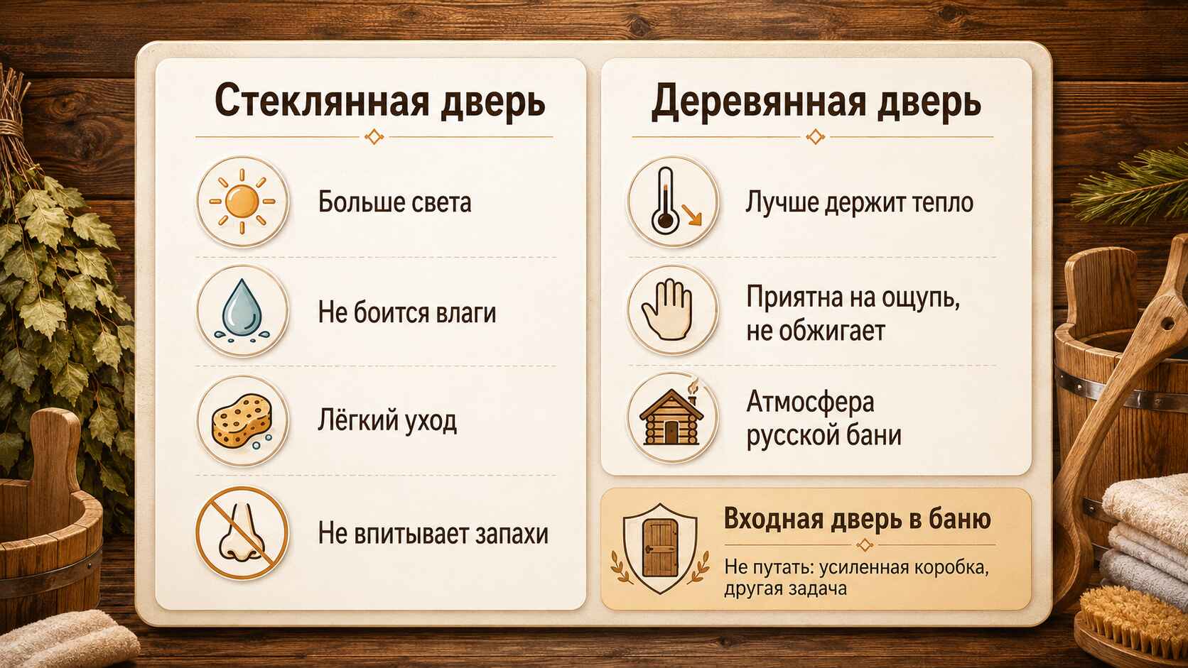 Стеклянная или деревянная дверь в баню — что выбрать