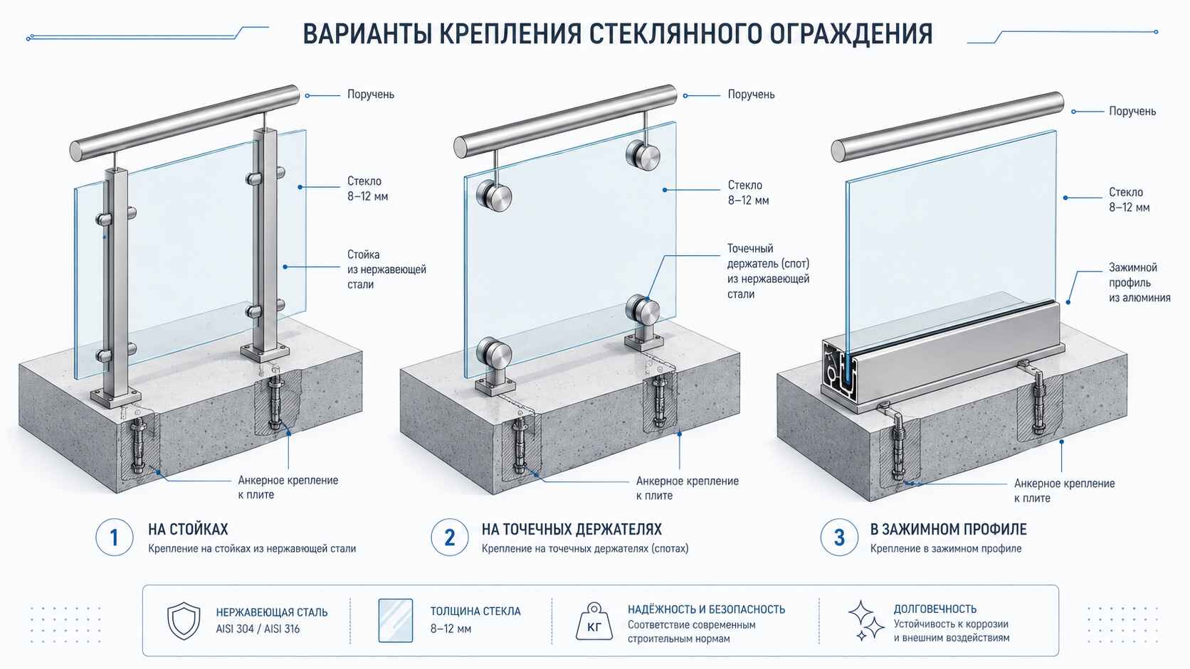 Перила из стекла для балконов и террас