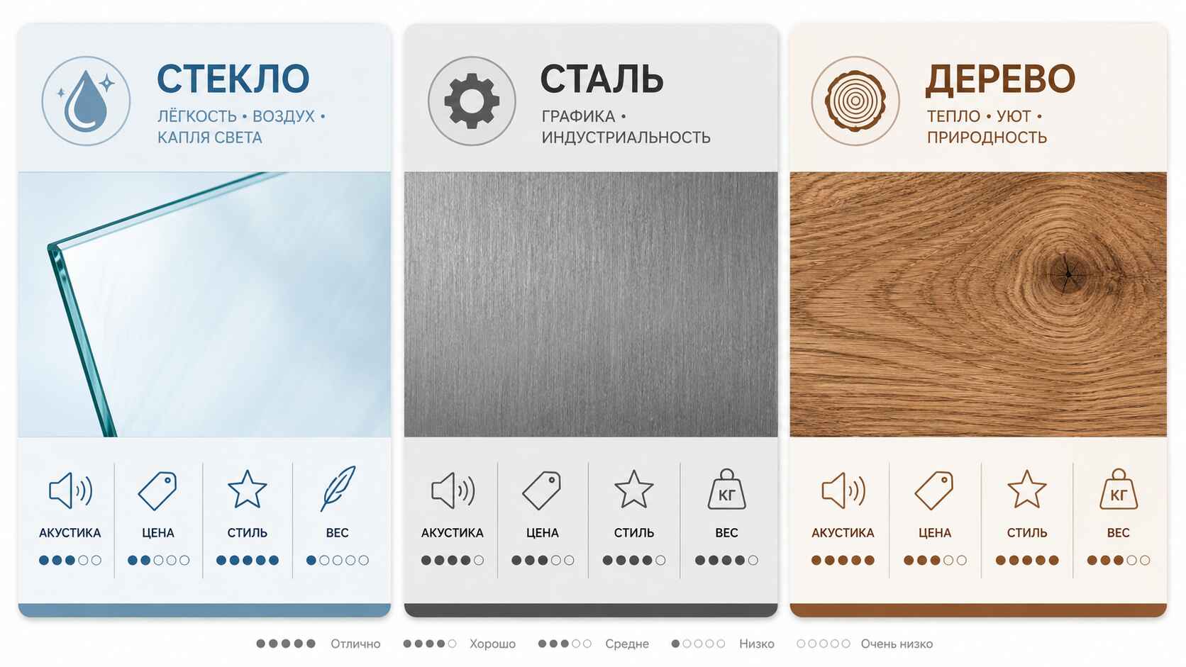 Материалы заполнения: стекло, сталь, дерево