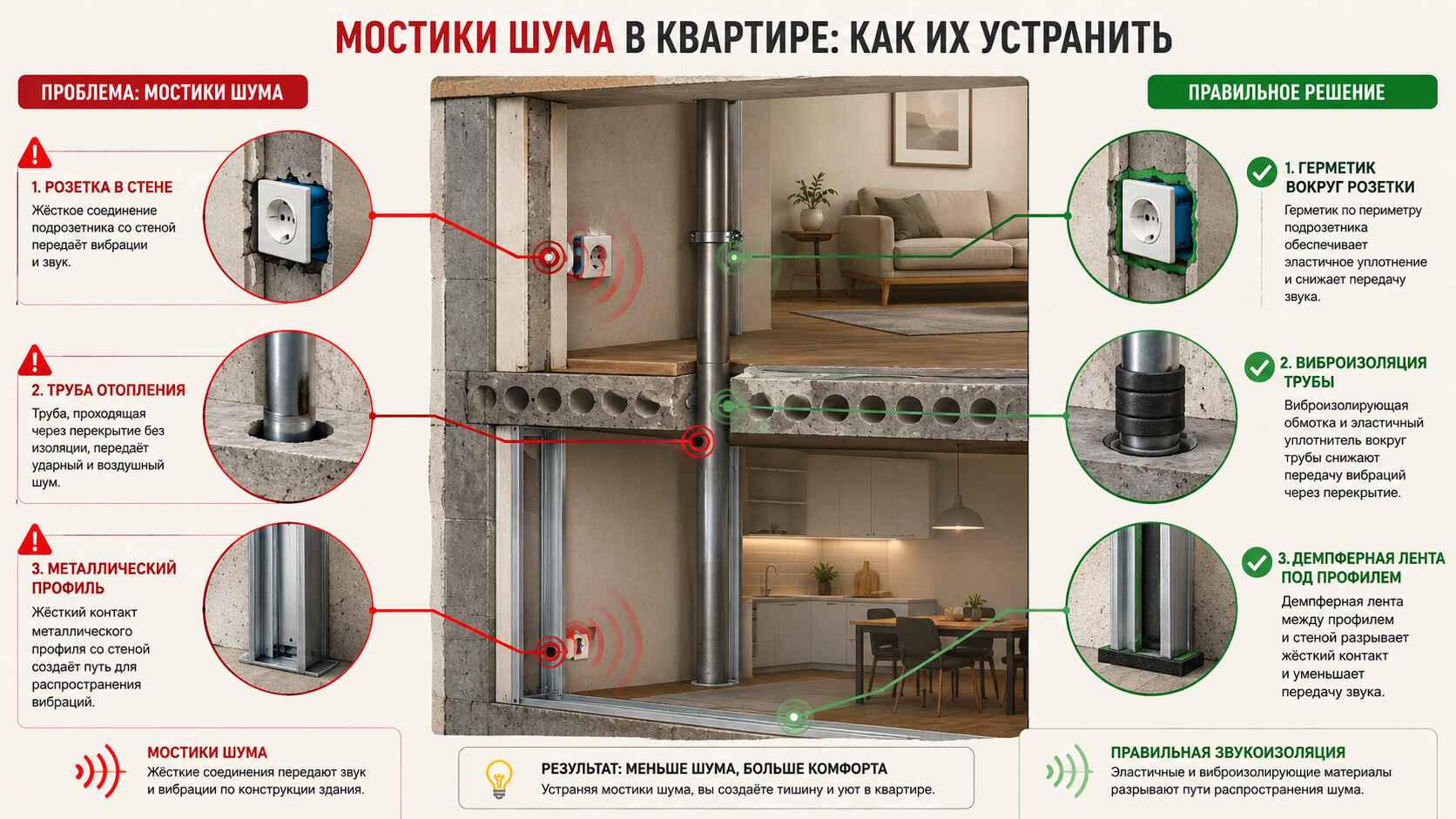 схема фрагмента квартиры в разрезе с выделенными «мостиками шума»