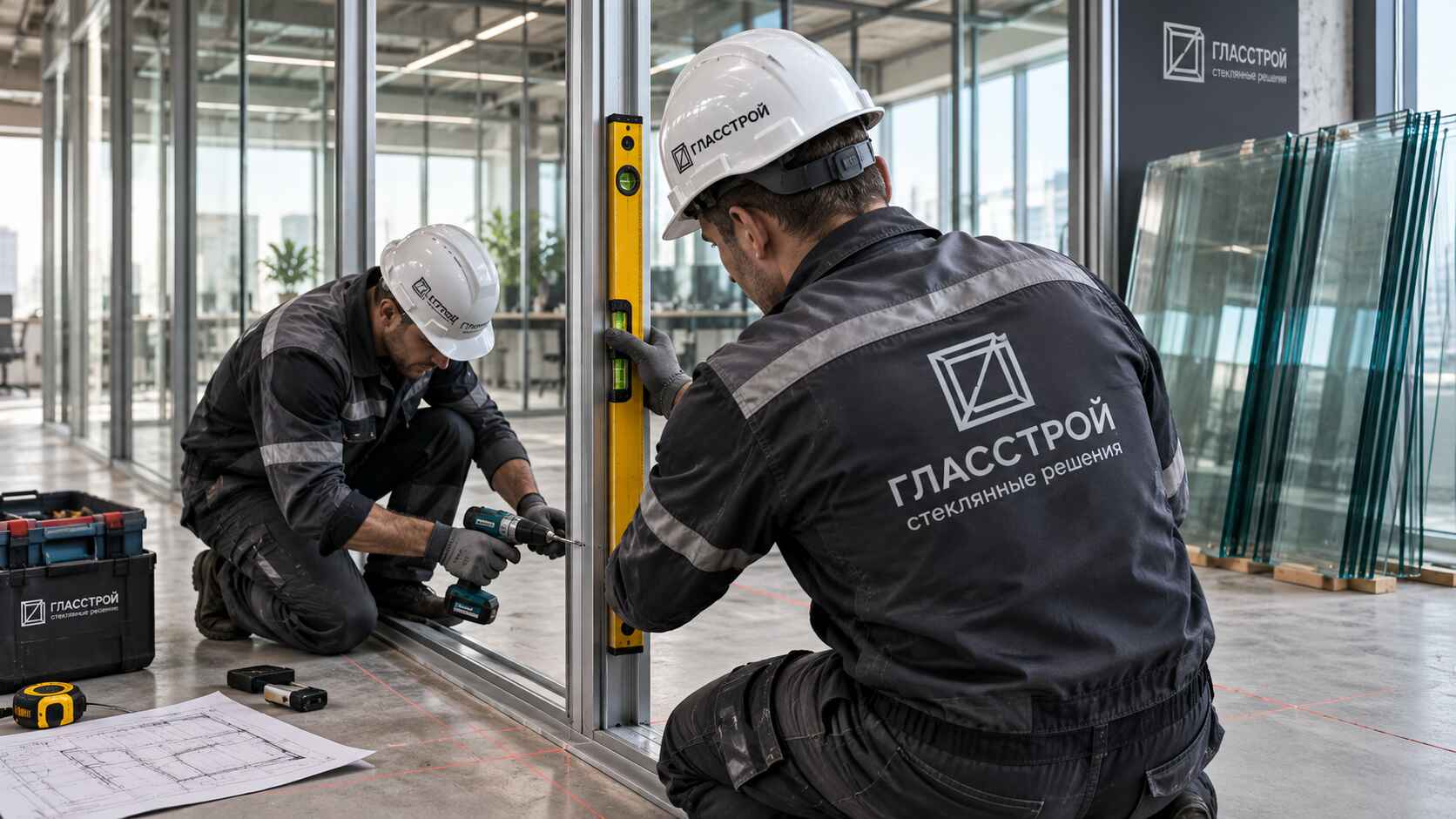Монтаж стеклянной перегородки