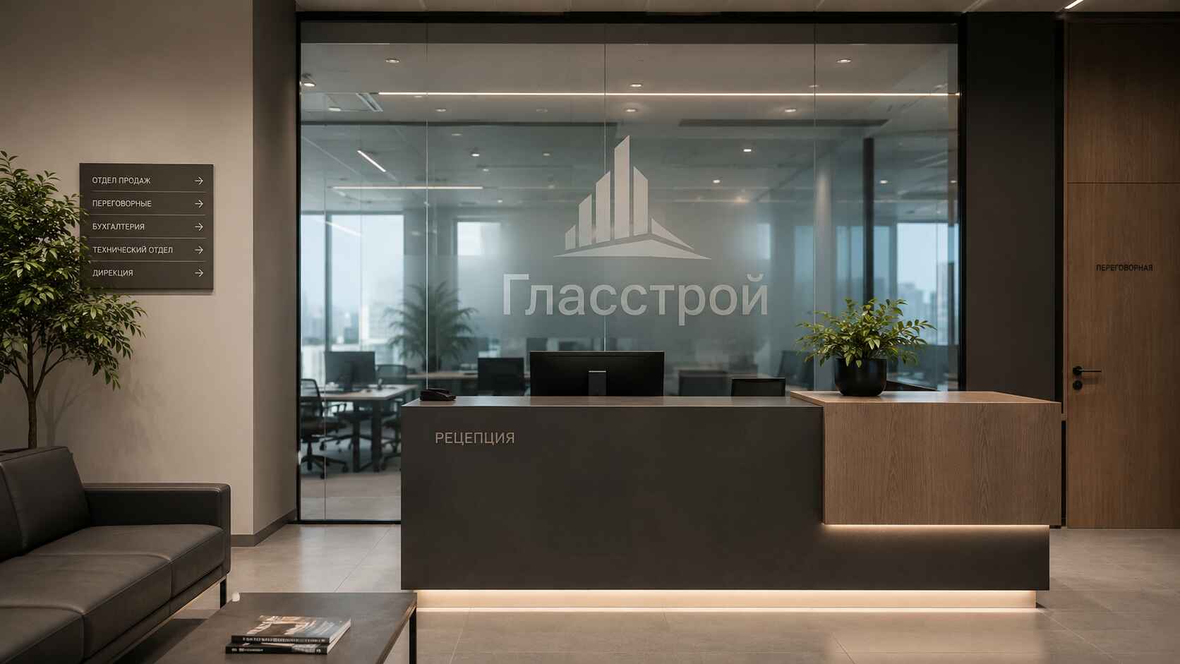 стойка ресепшена с цельностеклянной перегородкой