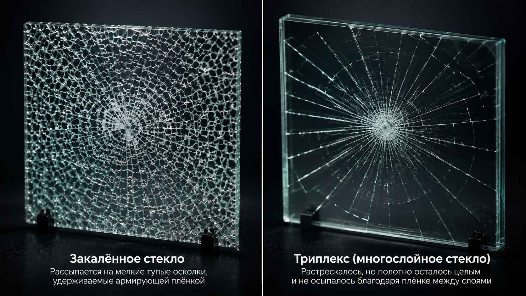 Сравнение триплекса и закалённого стекла при разрушении