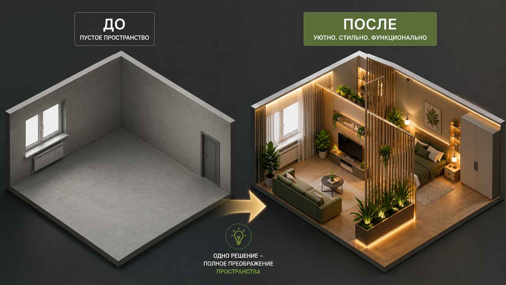 До и после:разделение комнаты перегородками