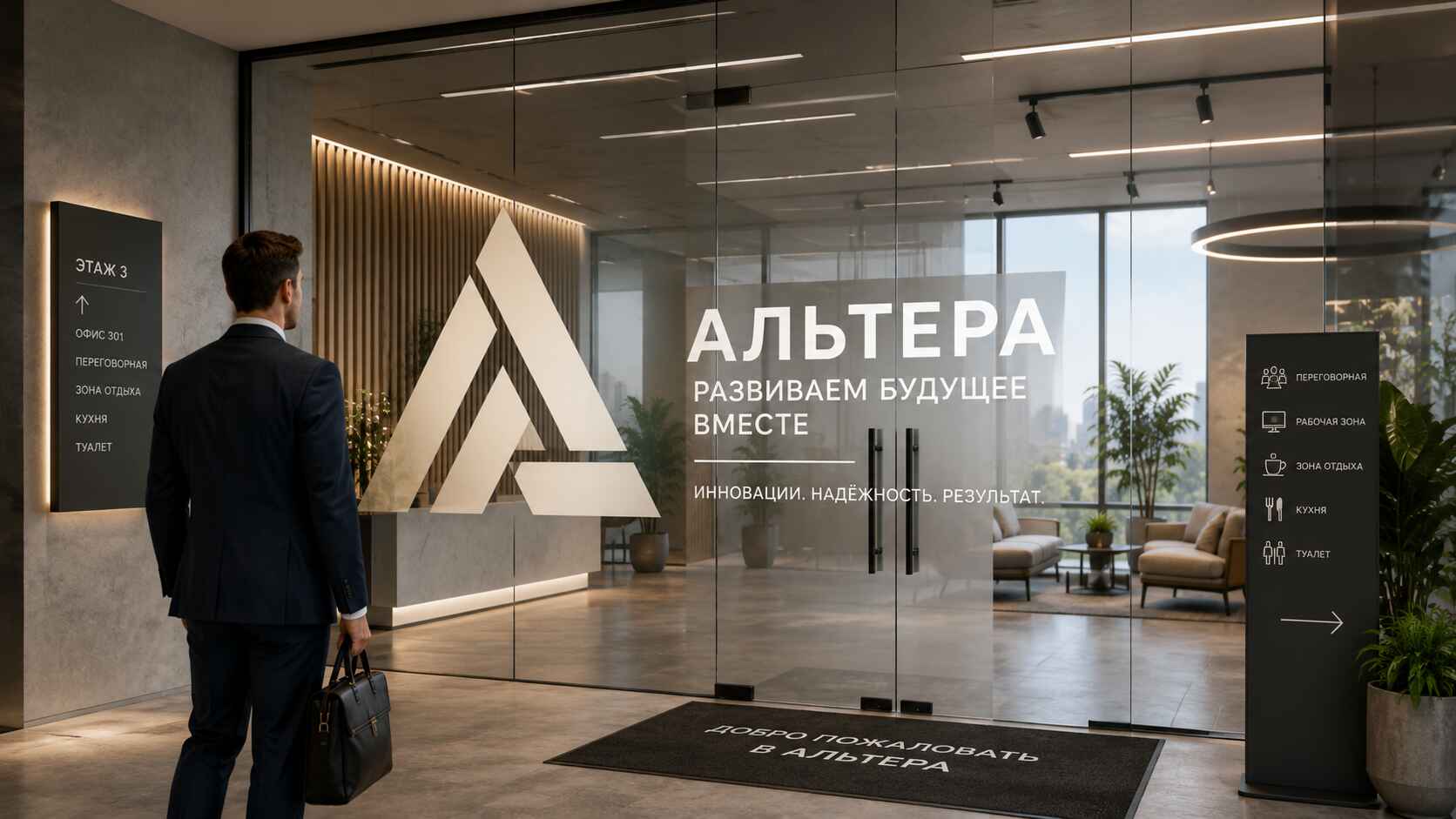 Входная группа офиса с прозрачной стеклянной перегородкой/дверью