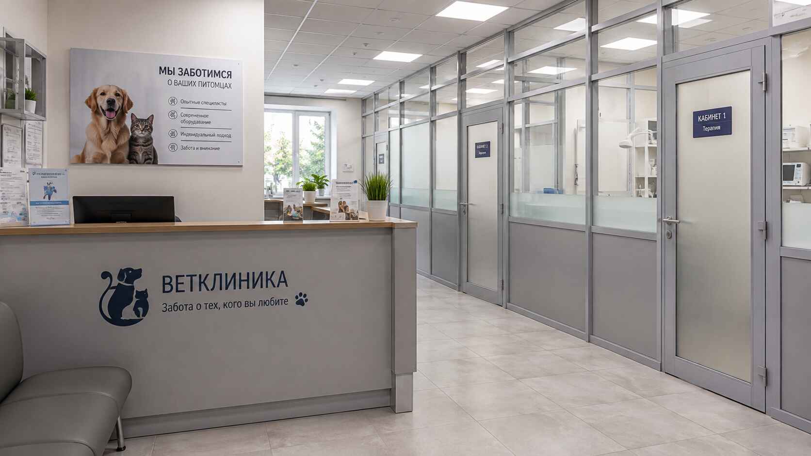 кабинет в ветеринарной клинике с перегородками RAL 9006