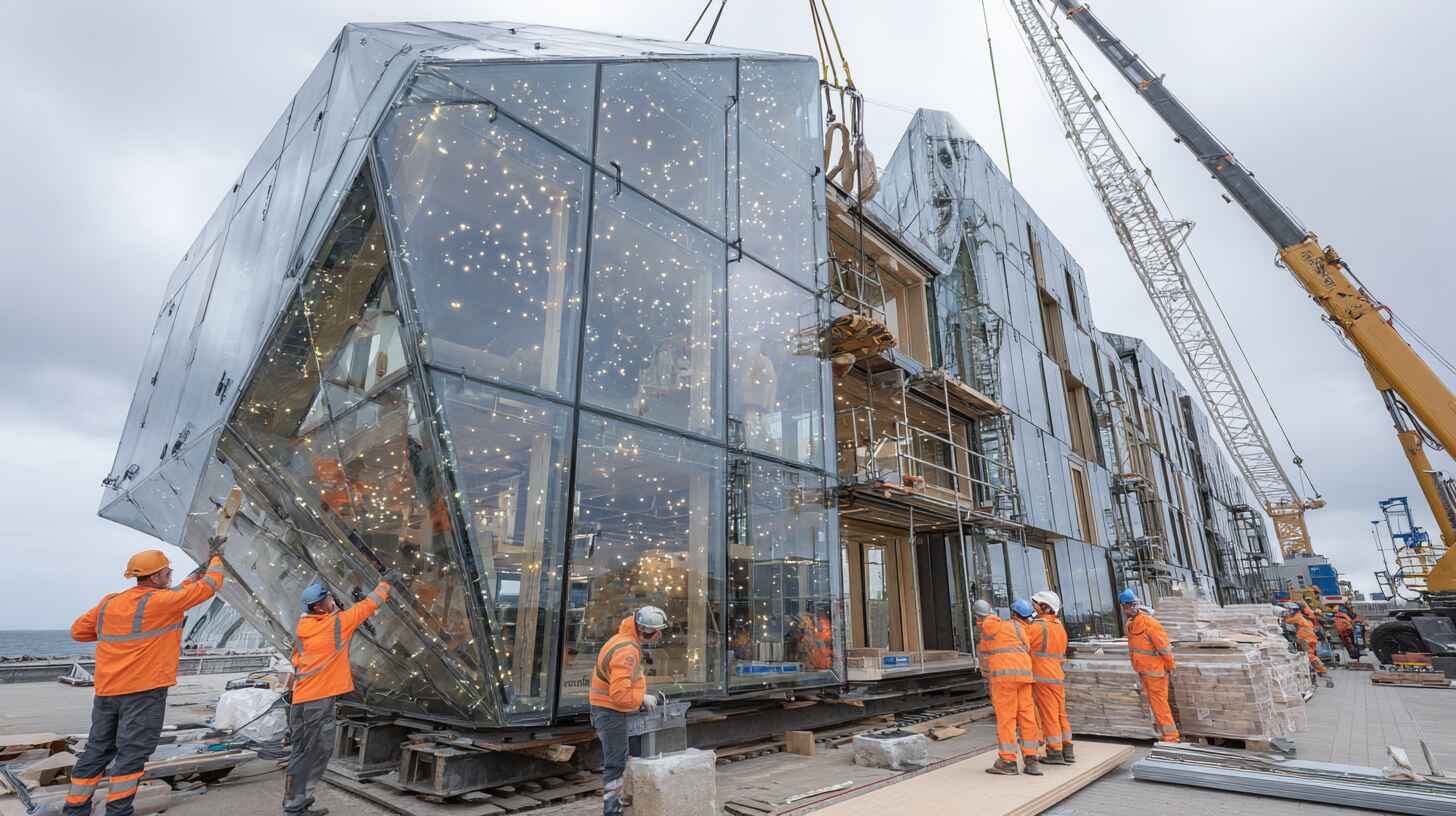 Монтаж большого стеклянного павильона