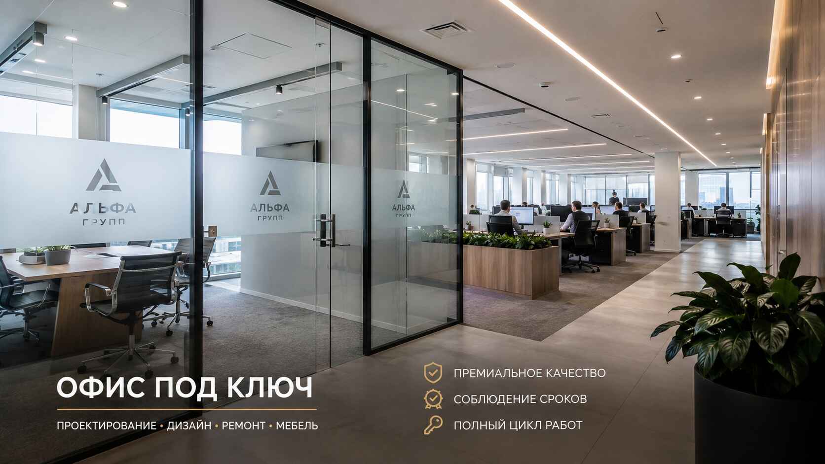 стеклянные перегородки с пескоструйным логотипом компании-заказчика