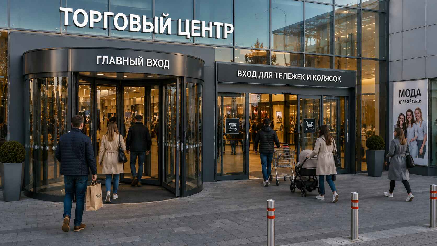 Торговый центр — сдвоенная система: револьверная дверь на главном входе + рядом раздвижная группа для тележек и колясок