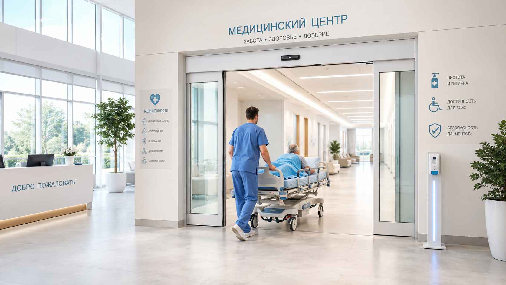 каталка с пациентом проезжает через широкий автоматический дверной проём без препятствий
