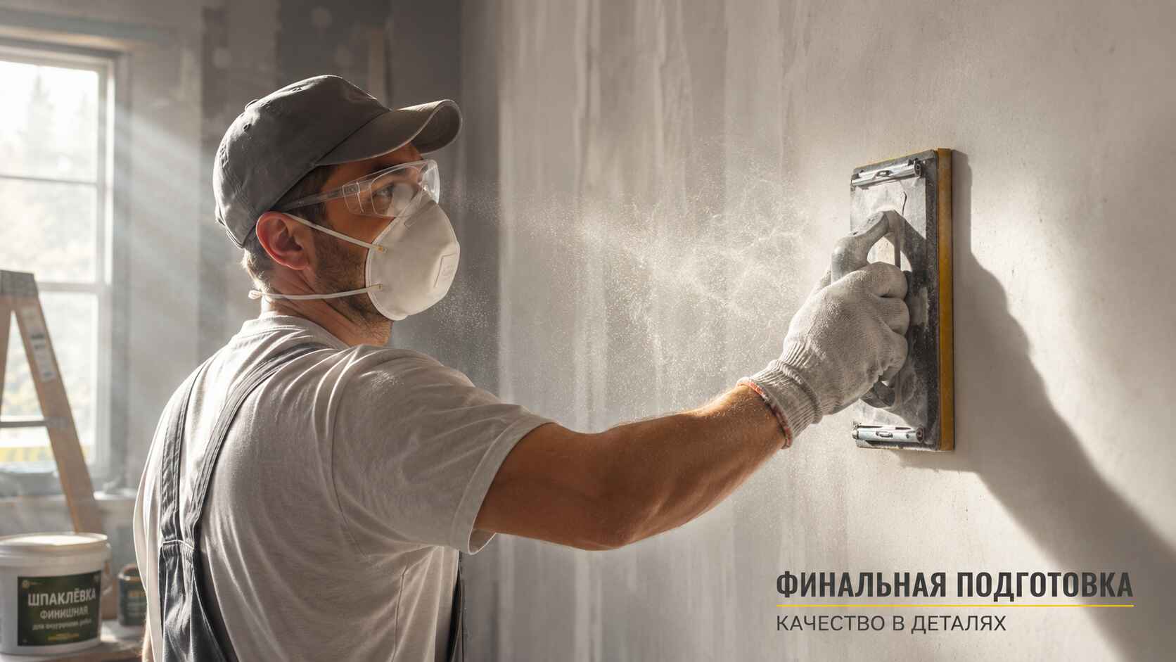 Шлифовка стены мелкозернистой наждачной бумагой на тёрке