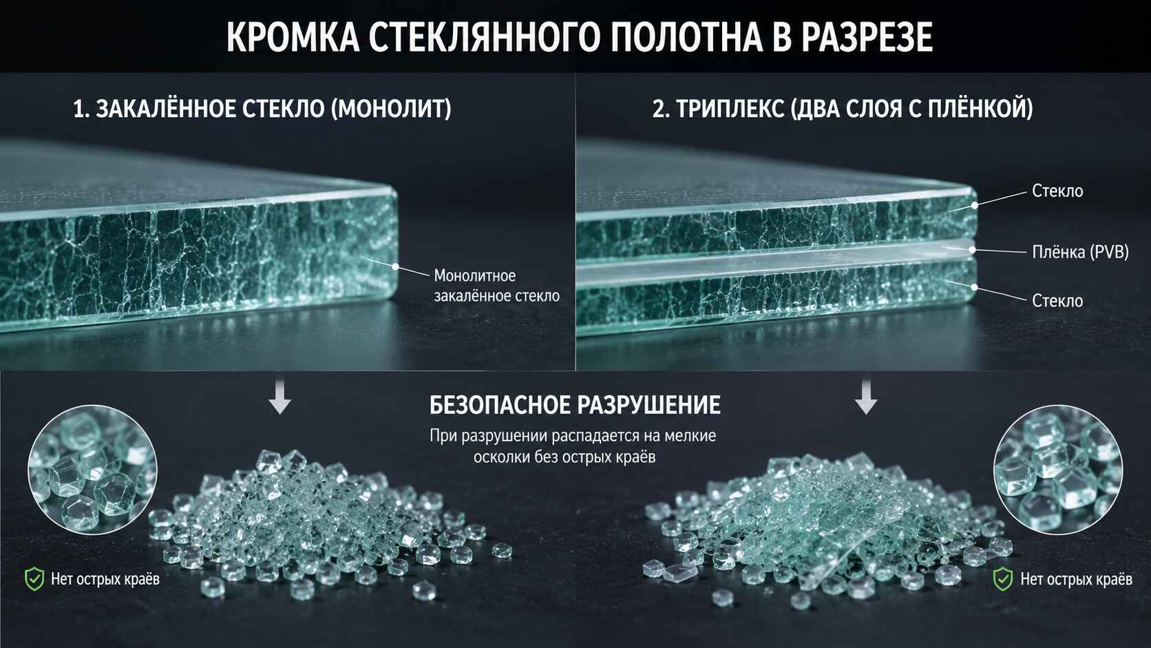 два варианта: закалённое стекло (монолит) и триплекс (два слоя стекла с плёнкой между ними)