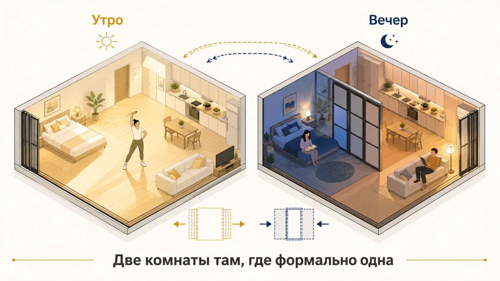 План квартиры с двумя сценариями (утро/вечер)