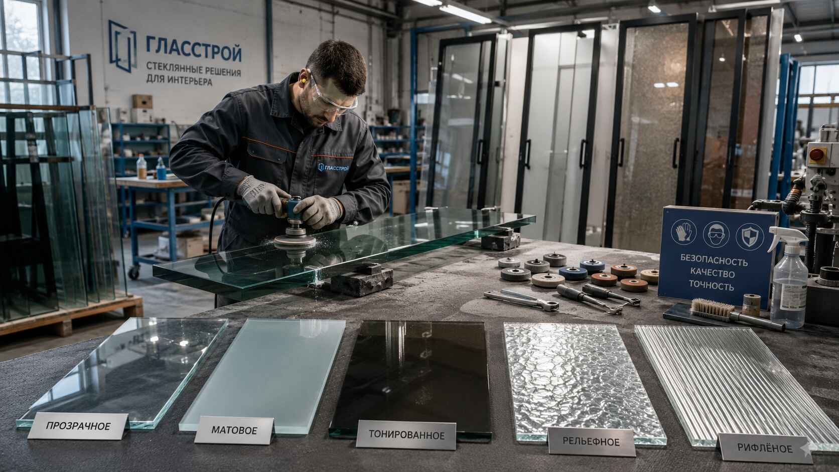 рабочий полирует кромку