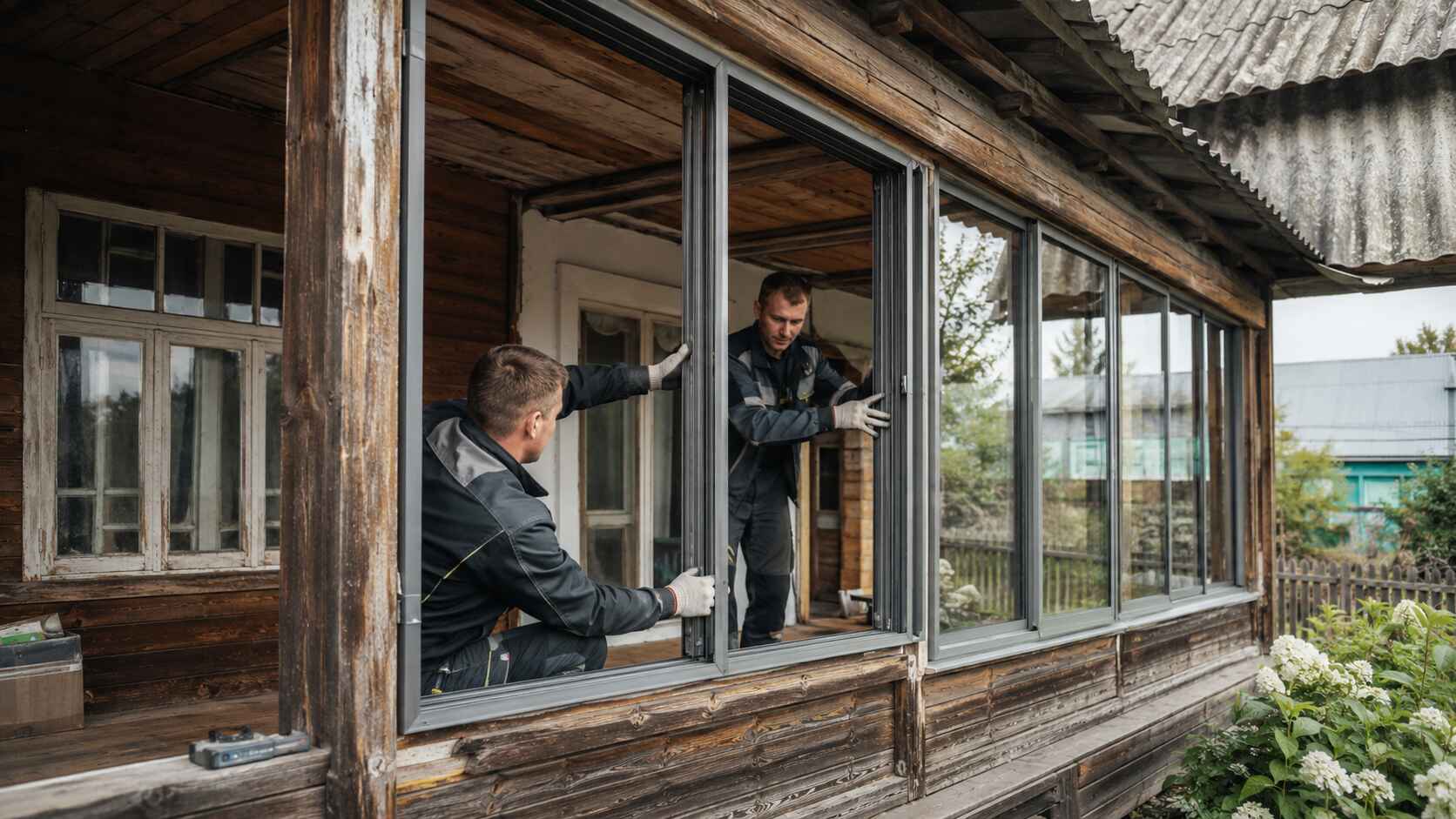 Фото старой деревянной веранды, на которую монтируется лёгкая алюминиевая раздвижная рама