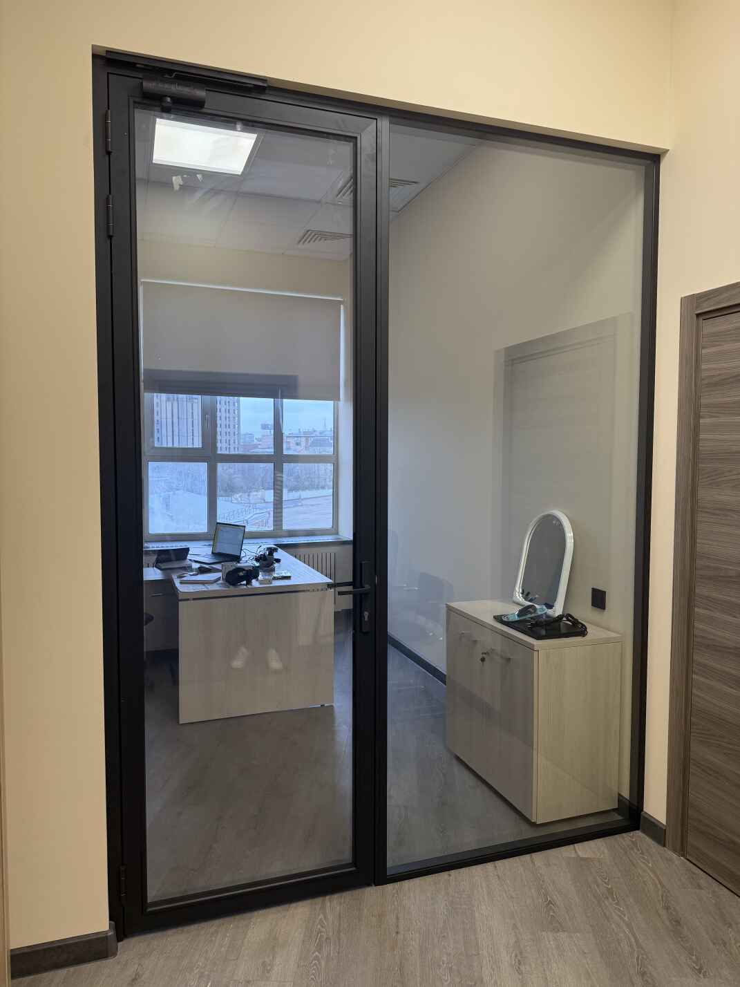 Каркасные стеклянные перегородки и распашные двери 