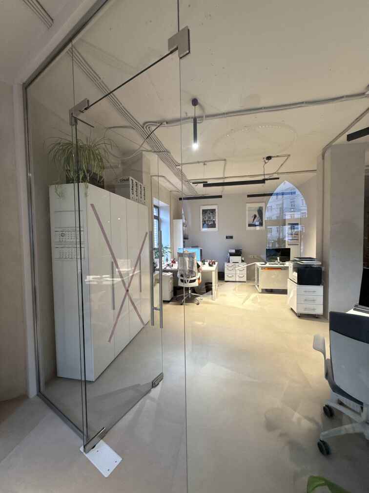 Бескаркасные стеклянные перегородки и маятниковые двери