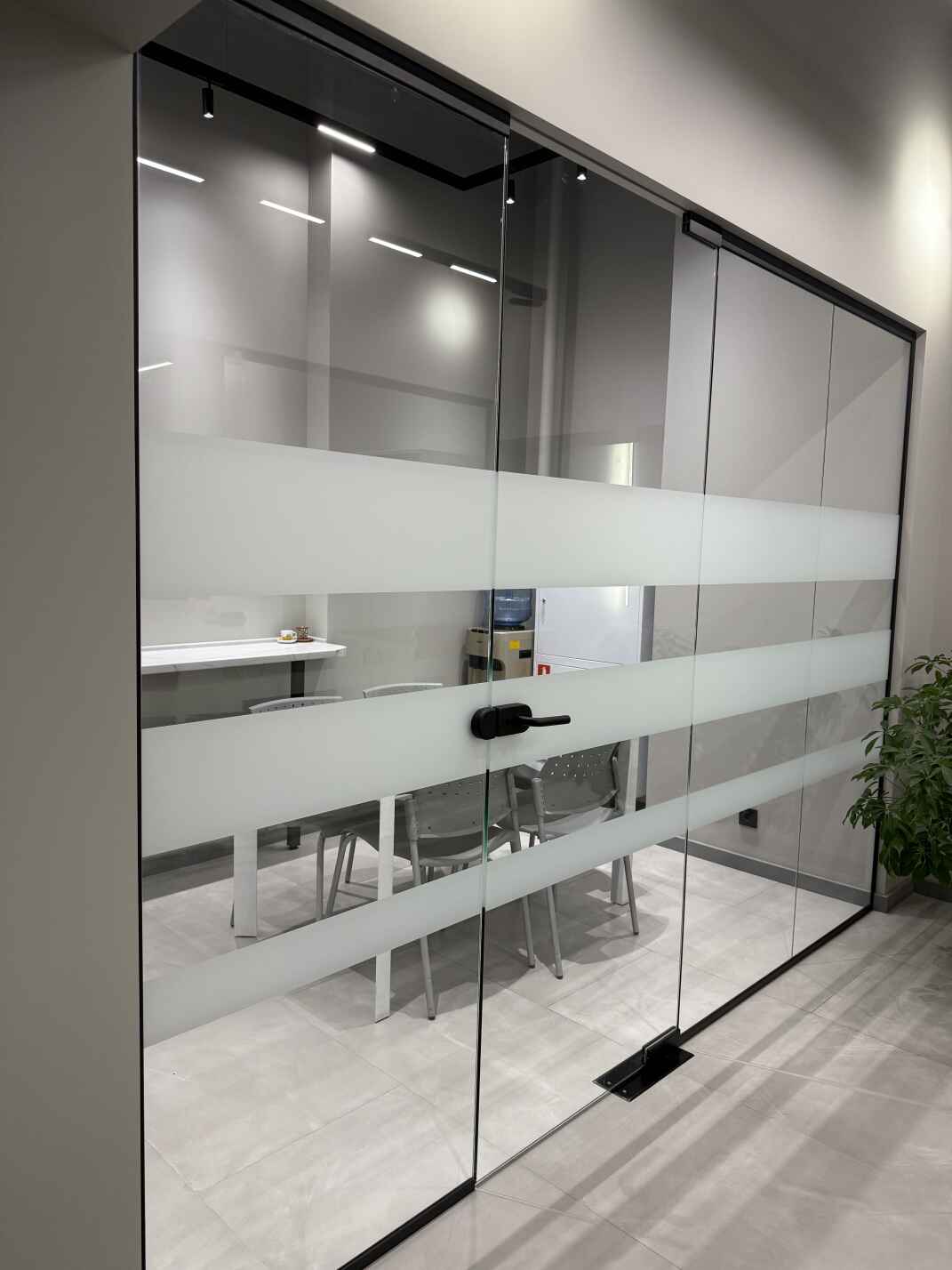 Цельностеклянные перегородки и маятниковые двери